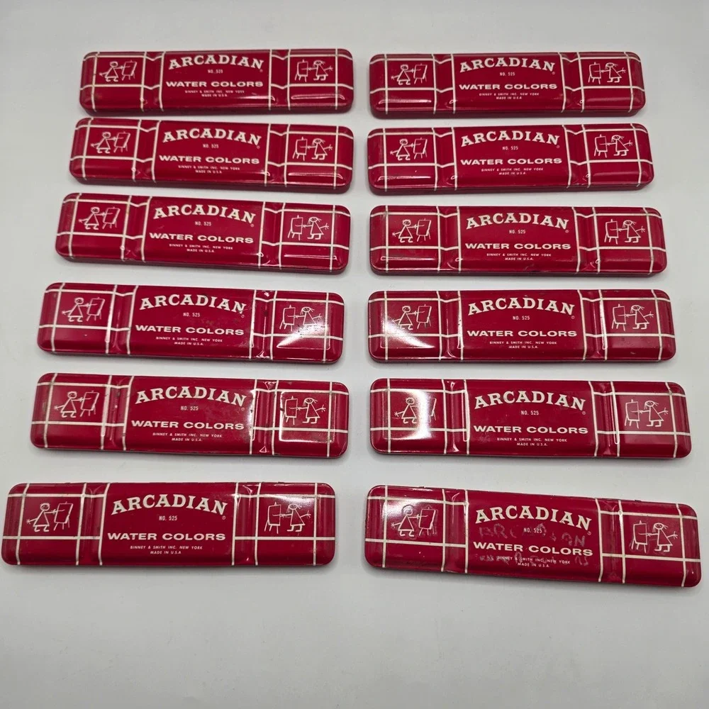 Binney & Smith Arcadian No. 525 Watercolor Paint Set Vintage Red Metal Tin 12pk